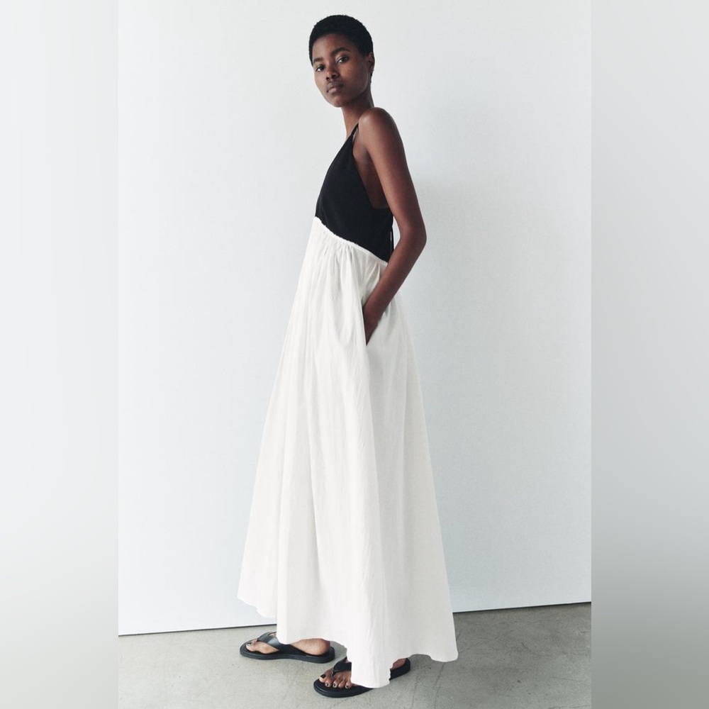 CONTRAST MIDI DRESS ZW COLLECTION Elegant Black and White Maxi dress .